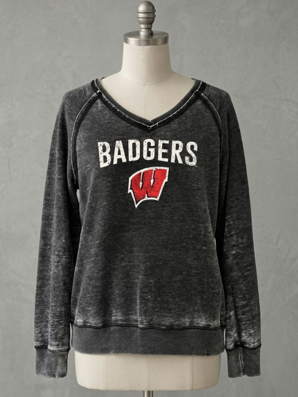 Women’s Wisconsin Badgers Distressed Gray V-Neck Sweatshirt | Size Large